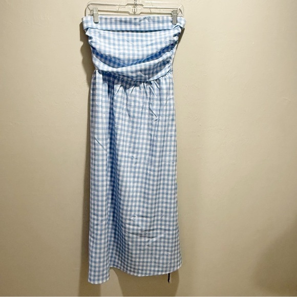 New CIDER Women’s Baby Blue Gingham Strapless PICNIC Midi Dress Ruched Size XS - Picture 2 of 8